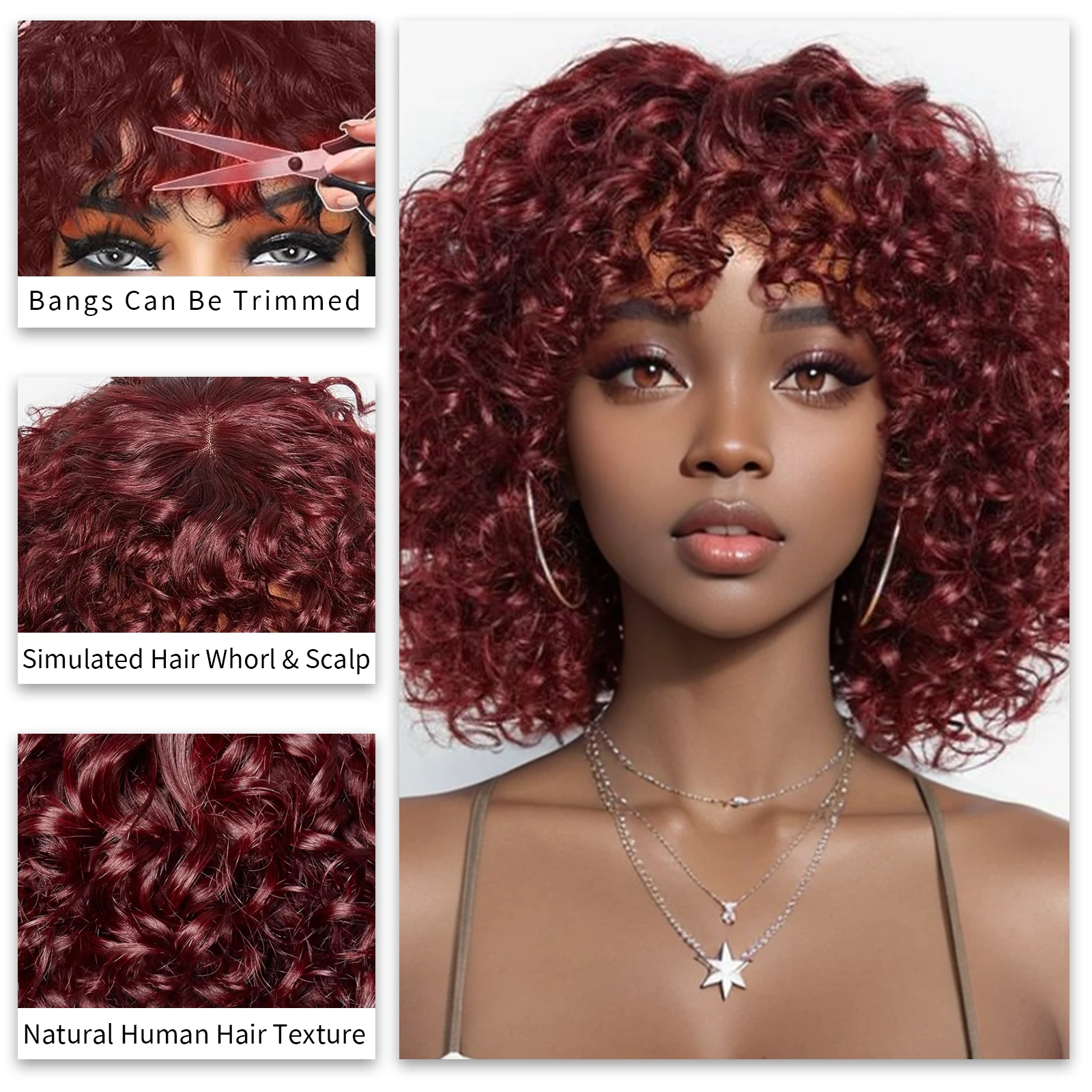 14インチ バーガンディレッド ディープウェーブ人毛ウィッグ 前髪付き フルマシンメイド カールショートボブウィッグ 100%レミーピクシーカットウィッグ 女性用