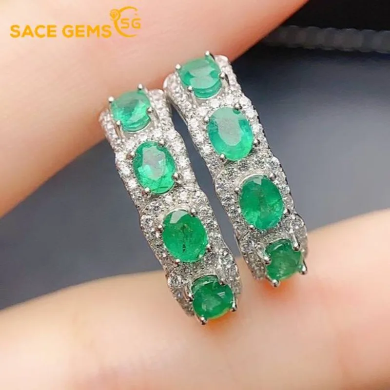

SACEGEMS Fashion Drop Earrings for Women 925 Sterling Silver 3*4MM Natural Emerald Stud Earrings Wedding Party Fine Jewelry Gift