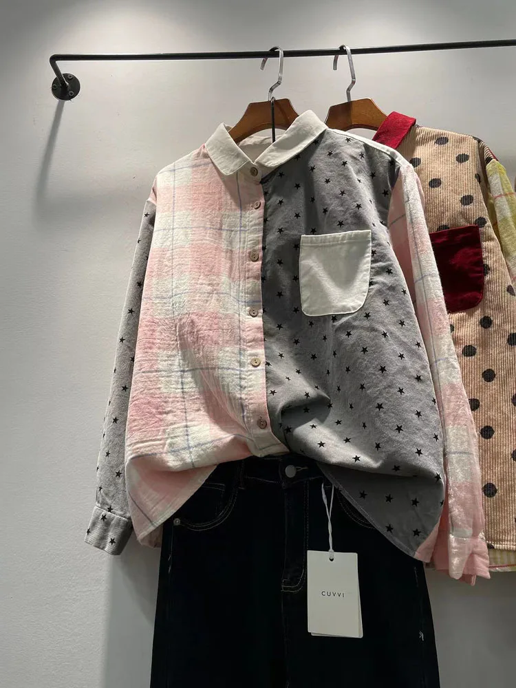 

Spring 2024 Women's Loose Long Sve irt Patchwork Color Blo Slimming Versatile Cotton Casual Busin Sle Top