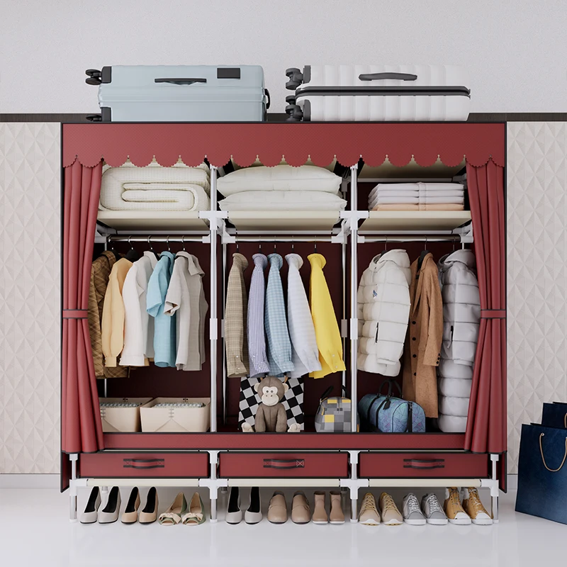 

Портативный шкаф для одежды, стальной каркас, пылезащитный чехол из нетканого материала, 3 подвесных стержня, 3 ящика и 3 хранения для небольшой комнаты