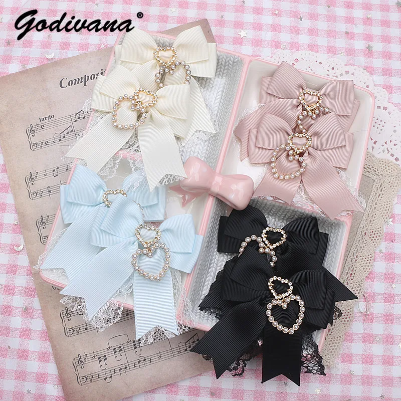 

Japanese Handmade Sweet Pink Hairpins Women's Cute Lace Love Pearl Pendant Bow Barrettes A Pair of Hairclips Hair Accessories