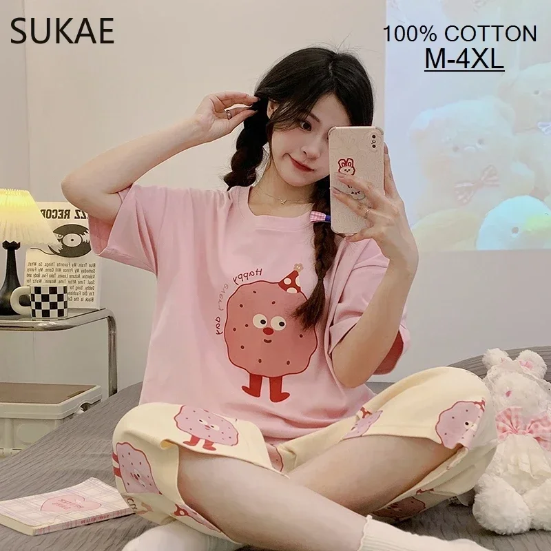 SUKAE 100% Cotton M-4XL Women Pajamas Set Summer Sleepwear Short Knee-length Pants Nightwear Capris Loungewear Cartoon Pijama