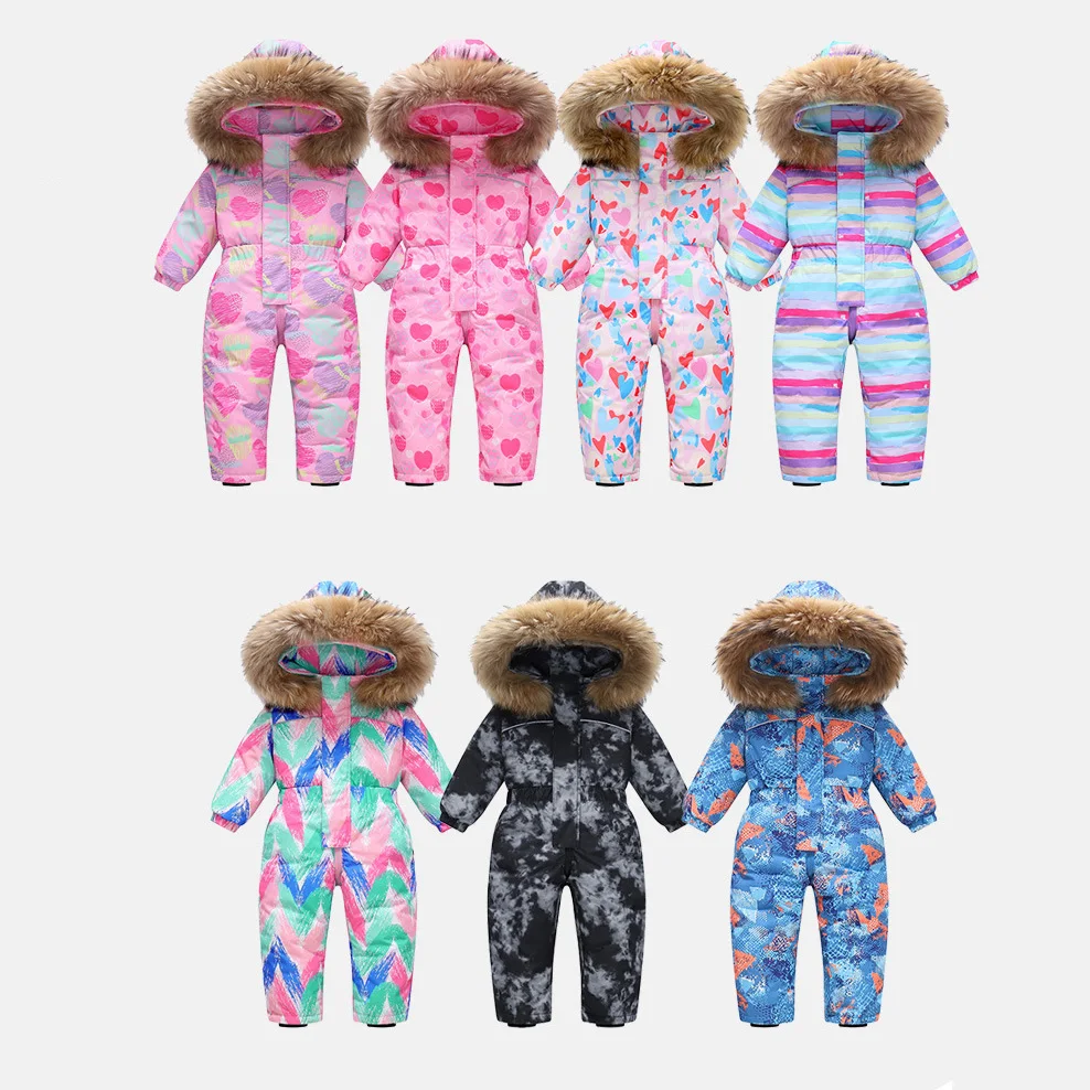 

2025 Winter Children's Boys Overall Waterproof Fur Hooded Toddler Boy Ski Suit Love Print 1-5Y Kid Baby Boy Down Jacket Snowsuit