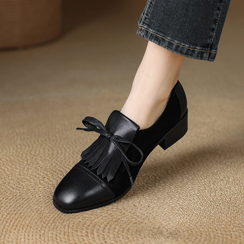 2025 Women Shoes Cow Leather Tasseles Penny Loafer Shoes Women Mid Heel Slip on British Style Leather Shoes Casual Comfort Pumps