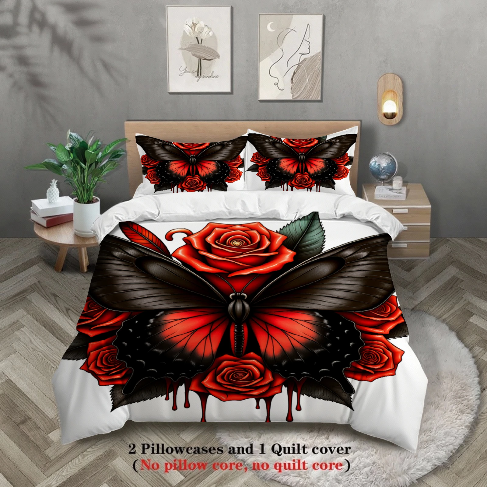 3pcs Butterfly And Rose Bedding Sets 3D Printed Red Flower Pattern Duvet Cover Sets With Pillowcases No Filling