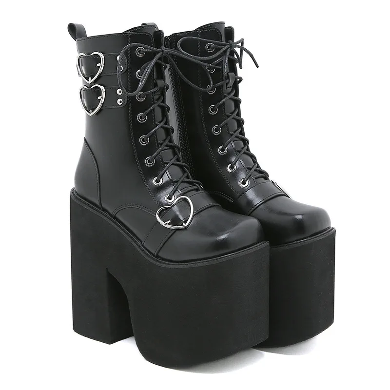 Goth Rivet emo Shoes Platform Heeled Boots Women Big Size Chain Metal Decoration Chunky Heels Combat Boots Mid Calf