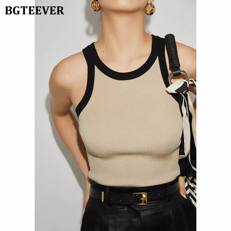 BGTEEVER Fashion O-neck Patchwork Knitted Vests Women Summer Elegant Ladies Sleeveless Tank Tops Women Camisole