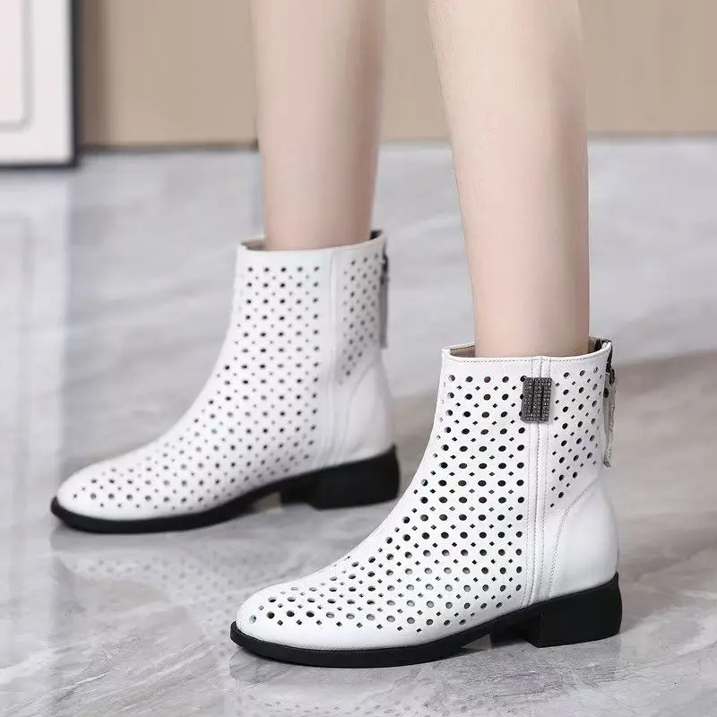 Women Real Leather Low Heel Cool Boot Spring Summer Soft Sole Round Toe Hollow High Quality Fashionable Zippers Ankle Boots