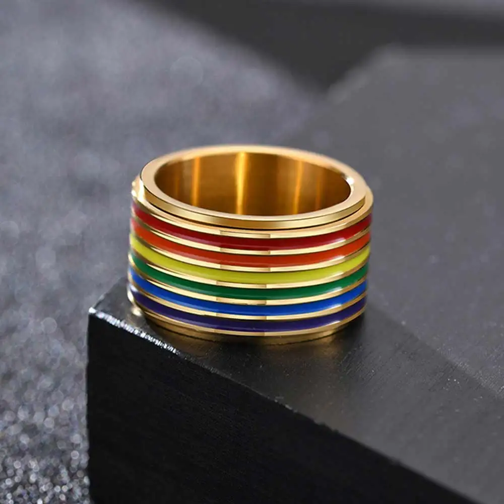 12mm Rotatable Men Colorful Rainbow Gay Rings Stainless Steel Valentine's Day Gift Fashion Jewelry Size 7 8 9 10 11 12