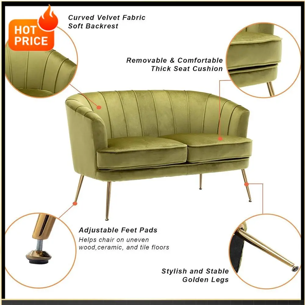 

PromotionModern Velvet 2-Seat Sofa with Gold Legs for Living Room, Bedroom, or Home Office in Grass Green