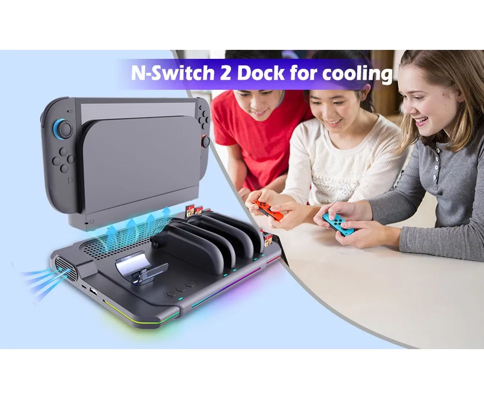 

for N-Switch2 Dock Multi-functional Cooling&Charging Stand for Switch 2 Cooling Fan 10 Game Card Slots
