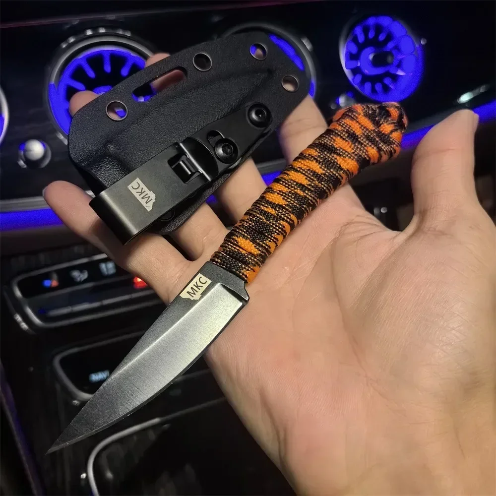 MKC سكين شفرة ثابتة صغيرة مع غمد كيديكس، 440C شفرة حبل نايلون مقبض عسكري للدفاع عن النفس في الهواء الطلق بقاء EDC والعتاد