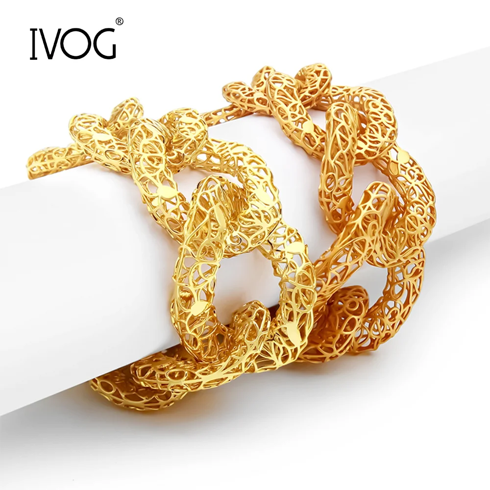 IVOG Brass Hollow Chunky Large Link Chain Bracelet for Women Fashion Wristband Daily Wear Party Event Jewelry Gifts