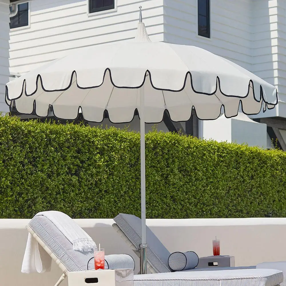 

Foreign trade luxury courtyard outdoor sunshade sun umbrella 2.0m polyester aluminum rod blue and white seaside pagoda fringed b