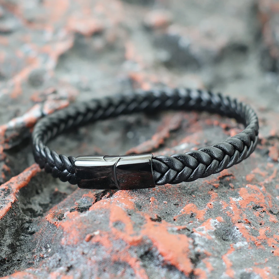 Pulseira de couro exclusiva para homens, aço inoxidável, fivela destacável, envoltório hiphop, bracelete para ele, pulseira de lazer
