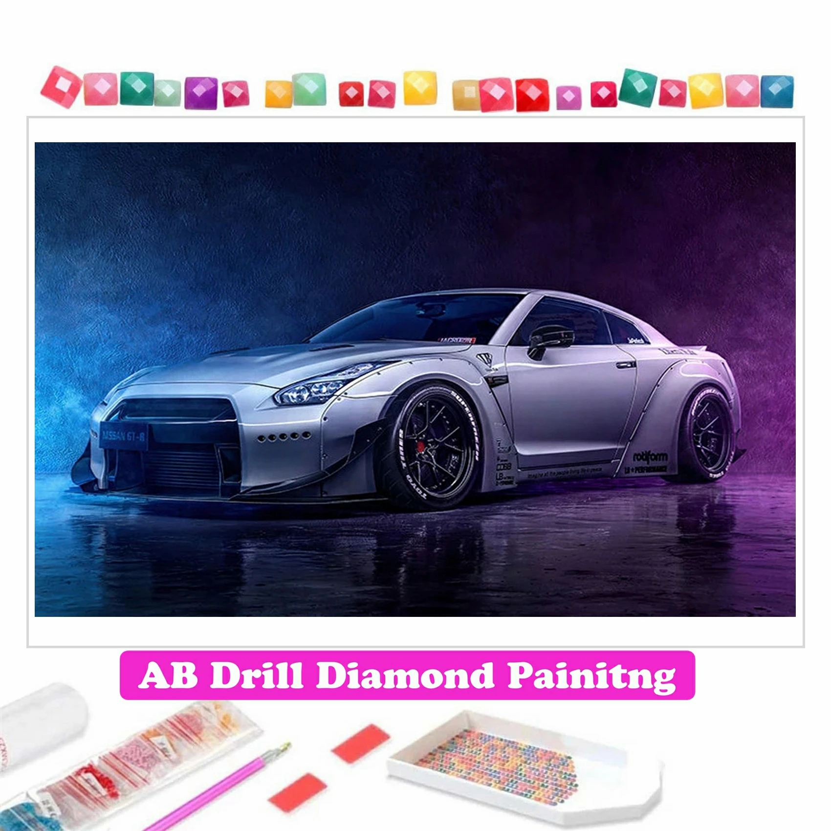 

Sport Car Grey Nissan GTR 5D DIY AB Drills Diamond Painting Mosaic Cross Stitch Kits Embroidery Handmade Rhinestones Home Decor
