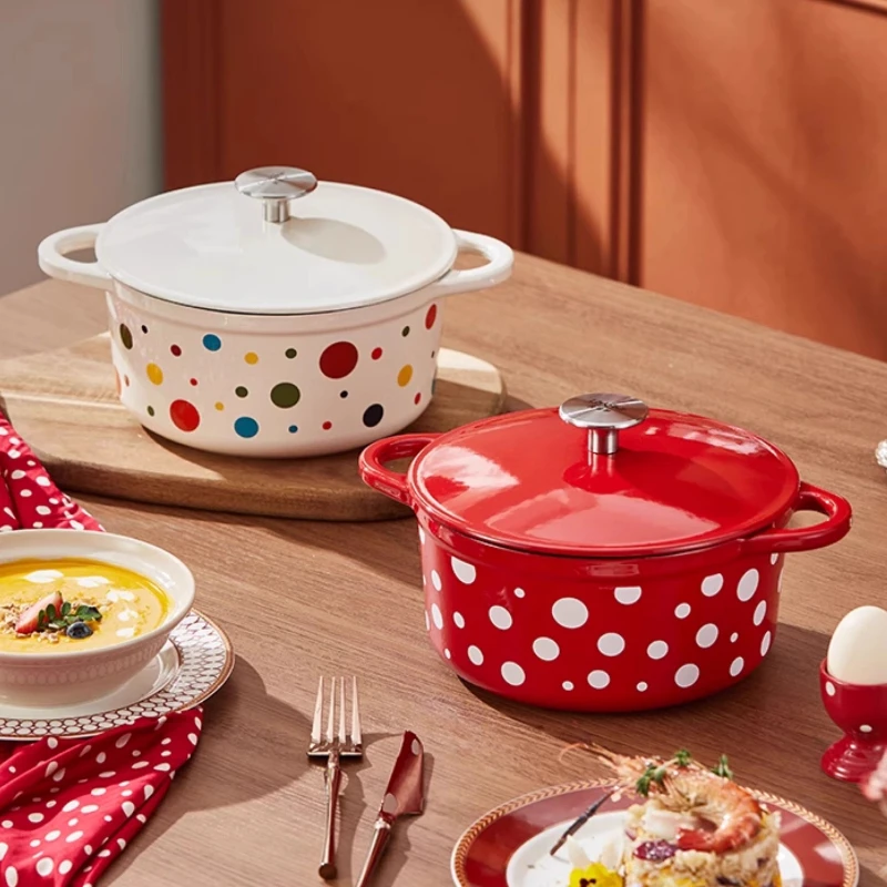 Retro Polka Dot Enameled Cast Iron Pot Heavy-Duty Manual Temp Control Stew Pot Triple Anti-Rust Home Soup Cookware
