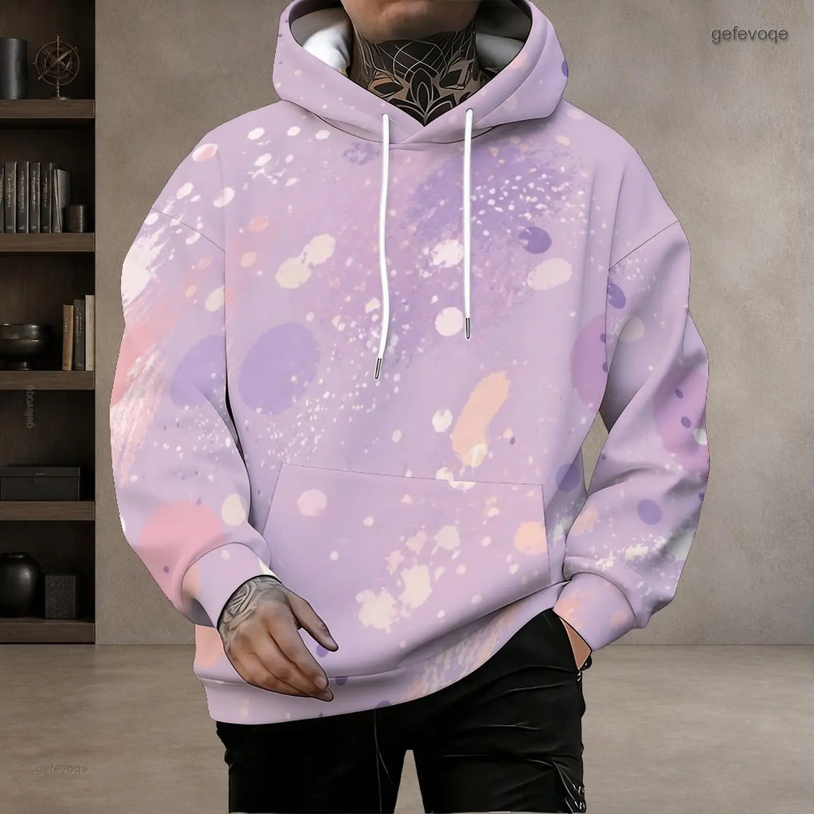 Men Black Printed Pullover Hoodie, Abstract Silver Wavy Gold Line Sphere Pattern Long Sleeve Drawstring Kangaroo Pocket