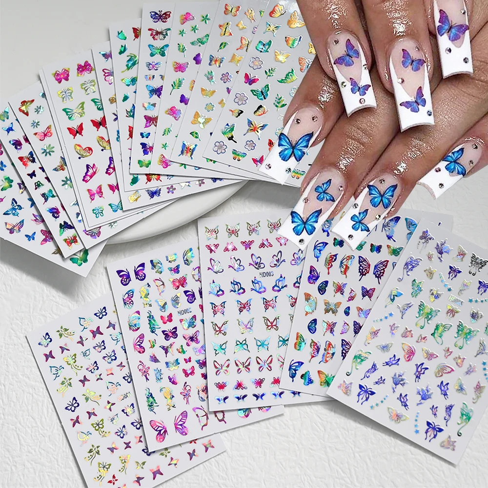 16pcs Laser Gold/Silver/Colored Butterfly 3D Nails Sticker Summer Flower Nail DIY Decals Luxurious Butterfly Stickers Nail Decor