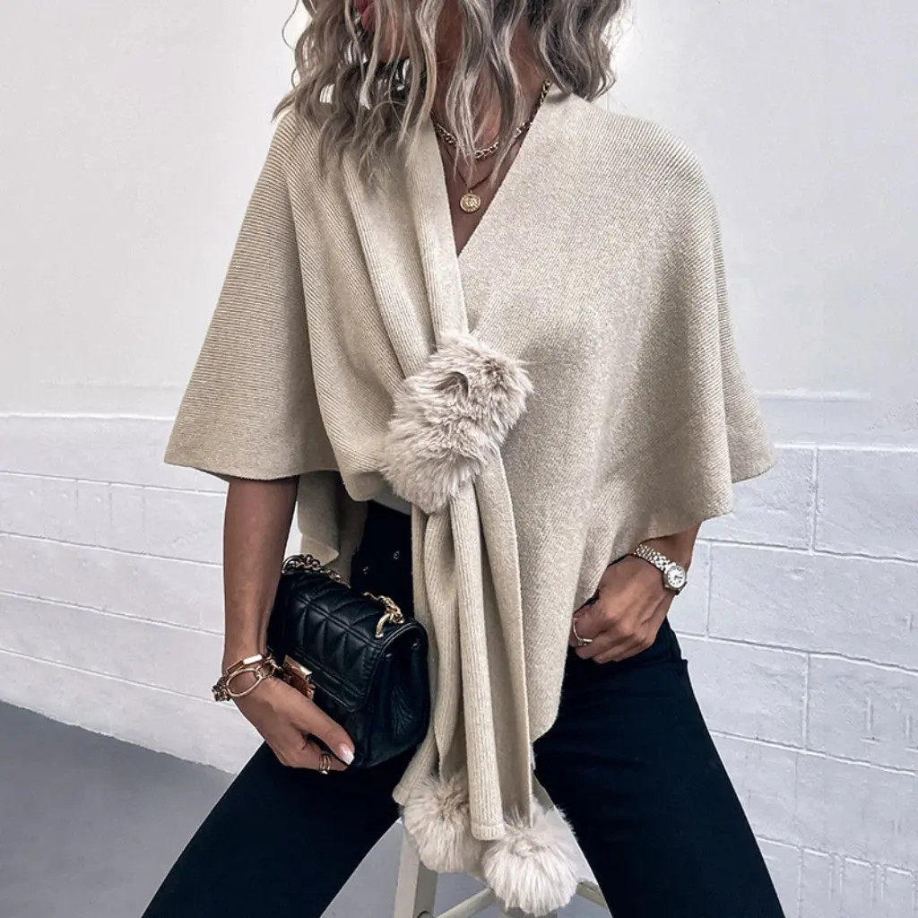 

Women's Fashion Solid Color Knitted Cardigan Cape Sweater Coat with Fur Ball Shawl Casual Style for