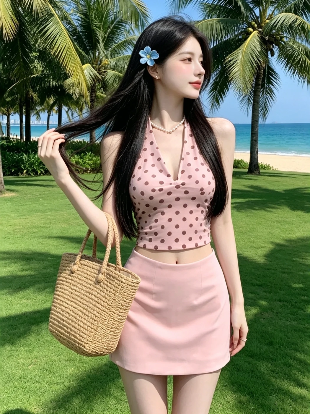 

Summer New Style Women's Polka Dot V-neck Hanging Neck Top And High-waist Skirt Two-piece Set Slimming Effect Holiday Mood