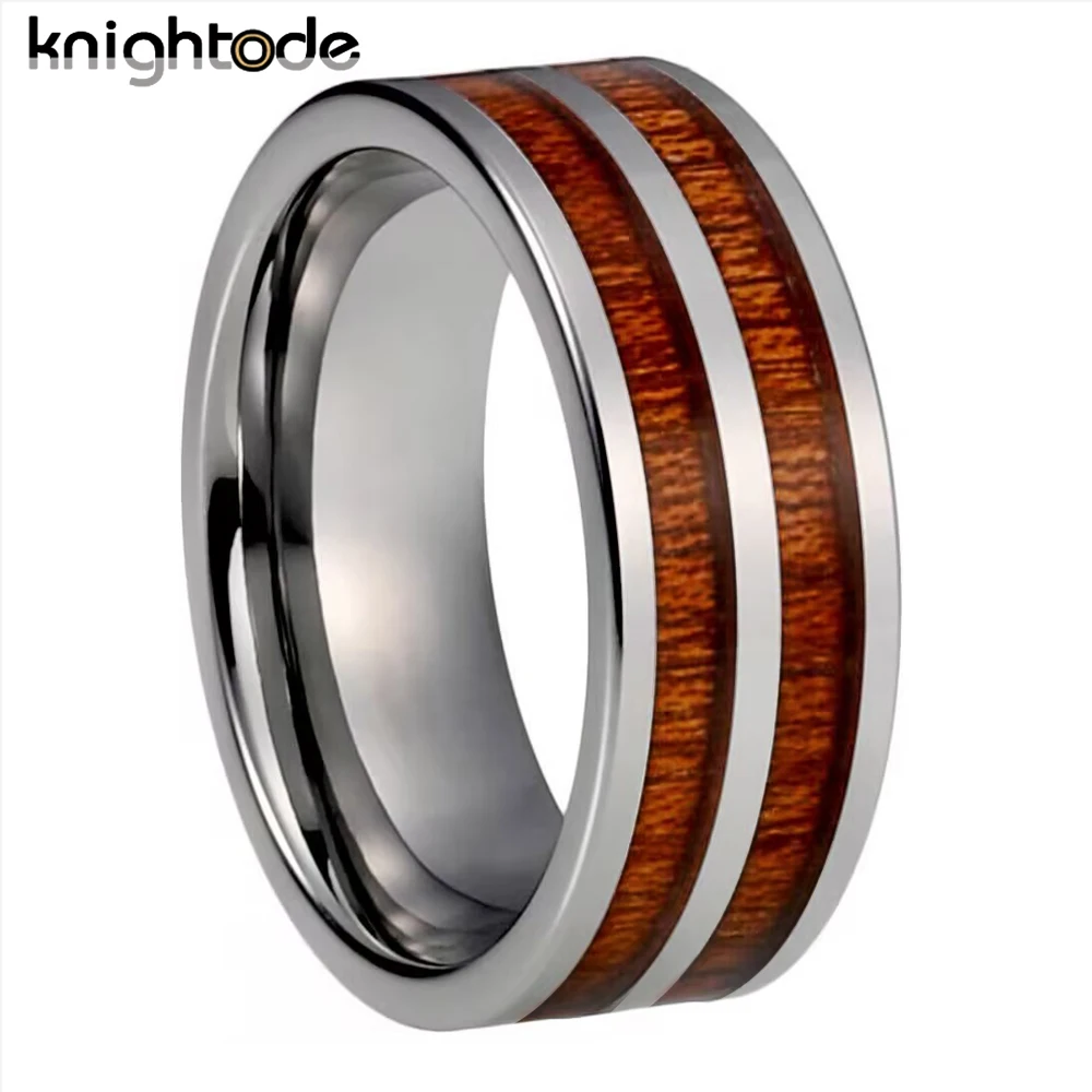 

8mm Two Lines Koa Wood Tungsten Carbide Wedding Band Men Anniversary Rings Flat/Dome Polishing Comfort Fit