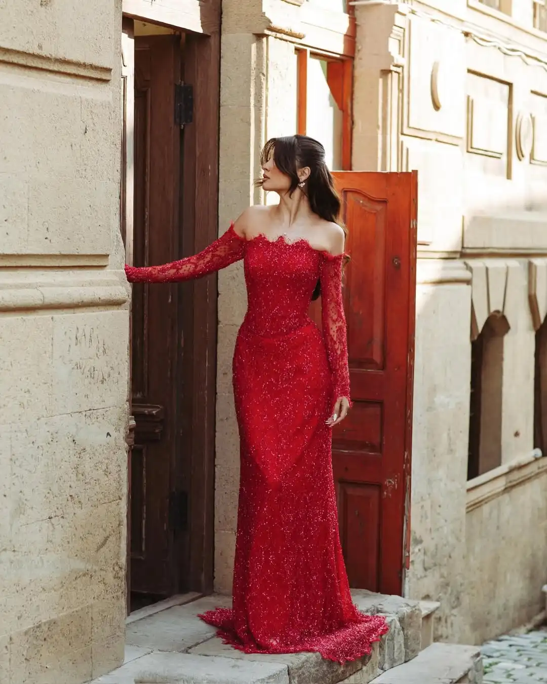 Elegantes, luxuriöses, schulterfreies, mit Perlen besticktes Meerjungfrau-Schleppe, Illusion, Pailletten, Spitze, Tüll, Abendkleid, Abschlussball, formelles Partykleid