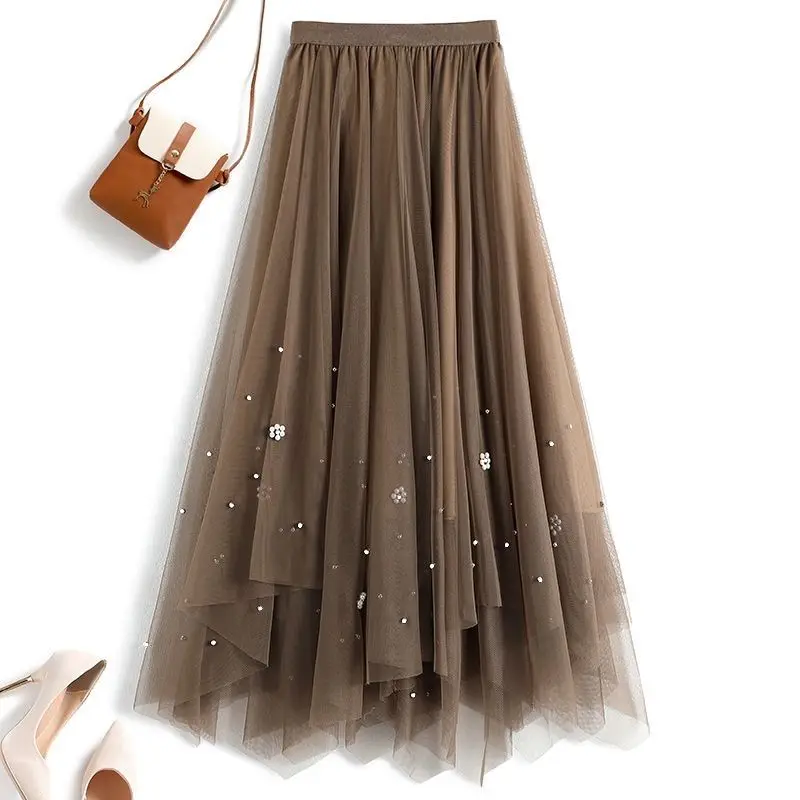 

Sweet Elastic Irregular Gauze Beading Skirts Female Clothing 2024 Summer New Loose Solid Color High Waist Asymmetrical Skirts