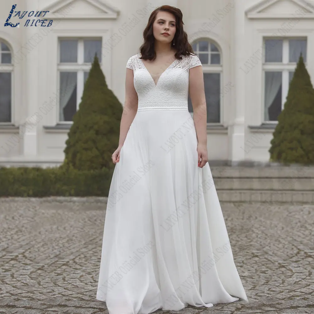 LAYOUT NICEB Chiffon Plus Size Wedding Dresses Lace Cap Sleeves Bride Gowns A-Line V-Neck Back Buttons vestidos de novias 2024