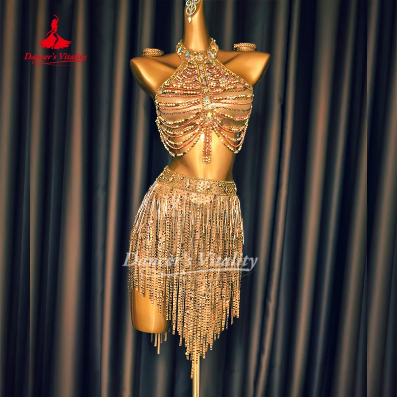 Latin Dance Set Custom Sexy Backless Sleeveless Top+Tassel Short Skirt 2pcs ChaCha Samba Competition Outfit Dancer's Vitality