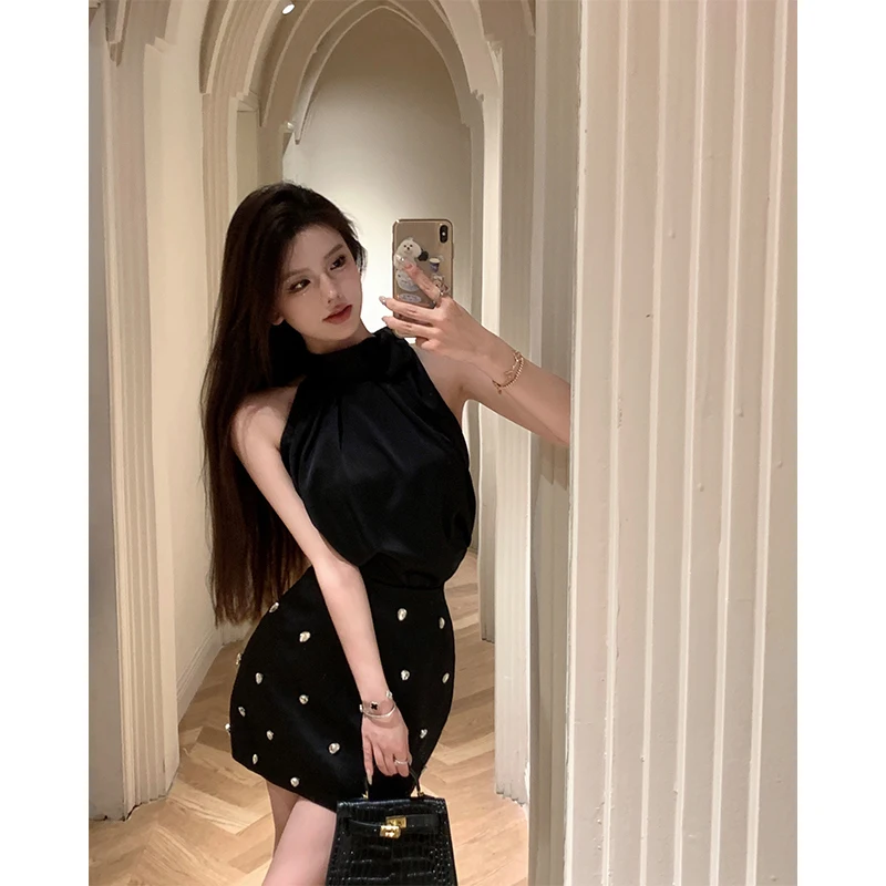 KUSAHIKI Elegant Fashion Sets Bow Bandage Halter Sling Tanks Top Women Summer Sexy Slim Mini Skirt Two Pieces Women Outfits