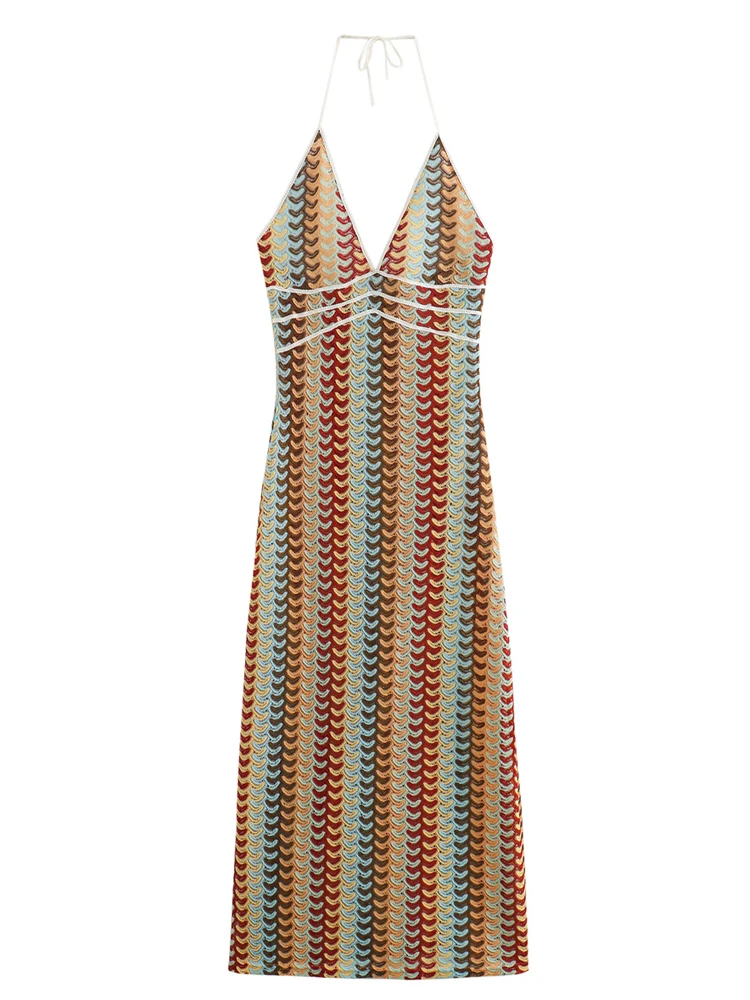 

KAOPU ZA Women crocheted floral midi dress vintage v-neck backless thin straps female dresses vestidos mujer