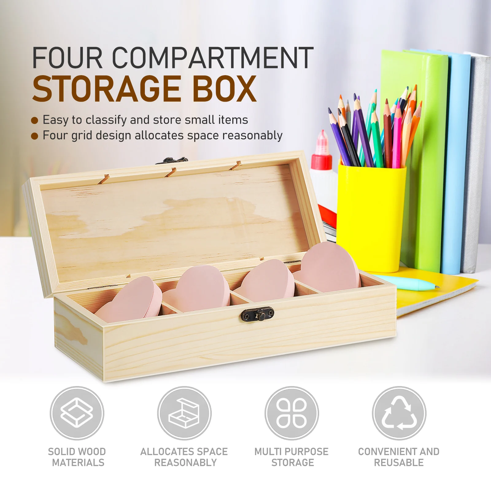 

2 Pcs Divided Storage Organizer Wood Container with 4 Compartments Wooden Card Holder Case for Mini Notepads and Keepsakes