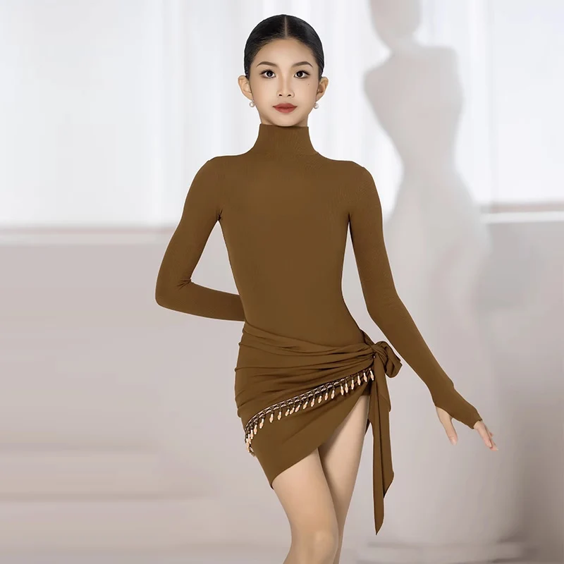 2024 Latin Dance Clothing Girls High Neck Long Sleeve Dance Wear Childrens Rumba Tango Stage Performance Training Set VBH1112