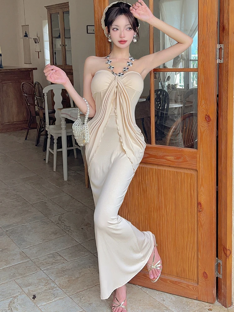 Frauen Solide Elegante Diamanten Neck-montiert Sexy Kleid Sommer Elegante Rüschen Plissee Kleid 2025, Vintage Luxus Party Nacht Kleid