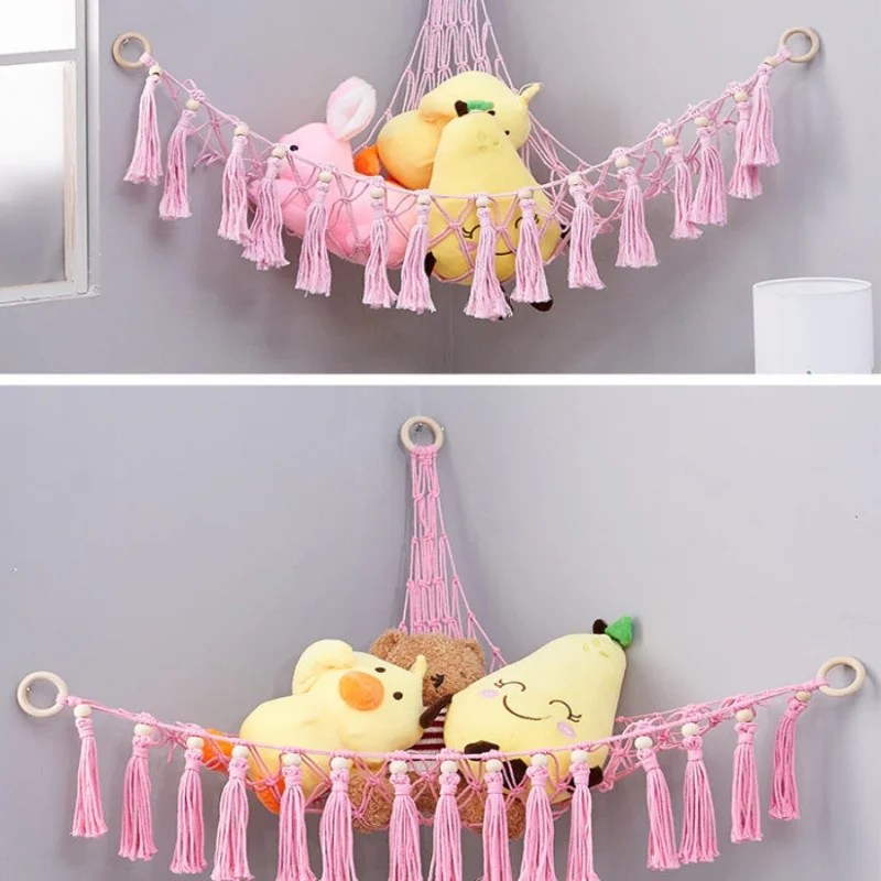 Toy Hammocks Wall Corner Hanging Storage Net Organizer Woven Kids Stuffed Mesh Hammock Baby Animal Rope Hammock Bag Cotton