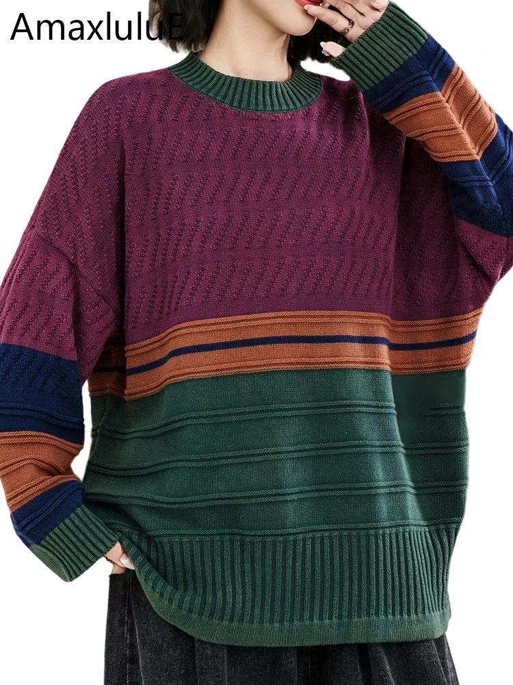 

Amax LuluE зимние модные свободные джемперы женские винтажные полосатые классические большие размеры повседневный свитер с круглым вырезом женский роскошный теплый пуловер