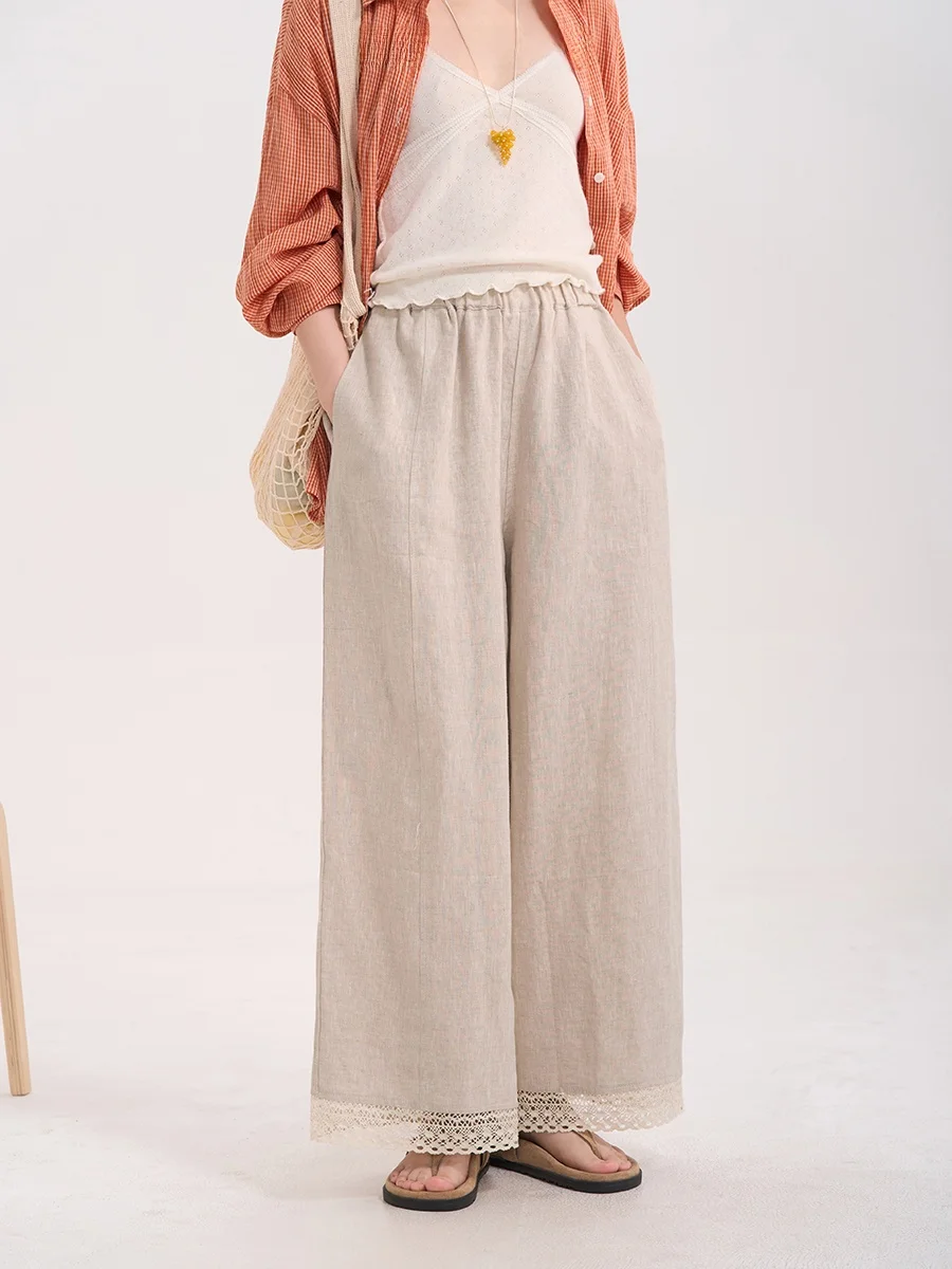 

Heme Jasmine Snow tening Lace Hook Flower Casual Pants Women's Summer Straight Leg Linen Trousers Versatile l Waist