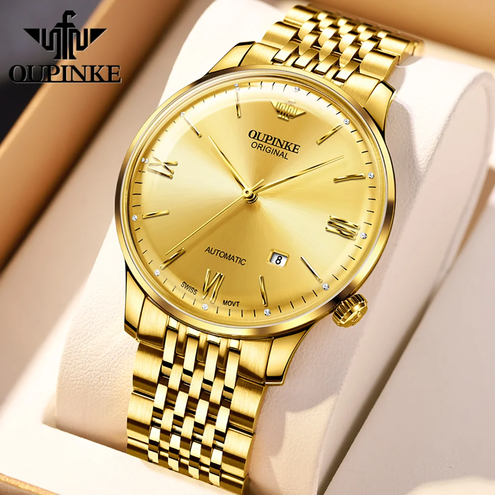 OUPINKE 3269 Gold Luxury Ultrathin Mens Automatic Mechanical Wrist Watch For man Stainless Steel Strap Waterproof Date Display