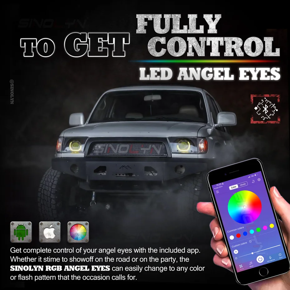 Sinolyn 2,5/3,0 Zoll RGB LED Angel Eyes Shrouds für Xenon LED Projektor Objektiv Revolving Dynamische Blinker Fließende Halo Blenden – Detail 5
