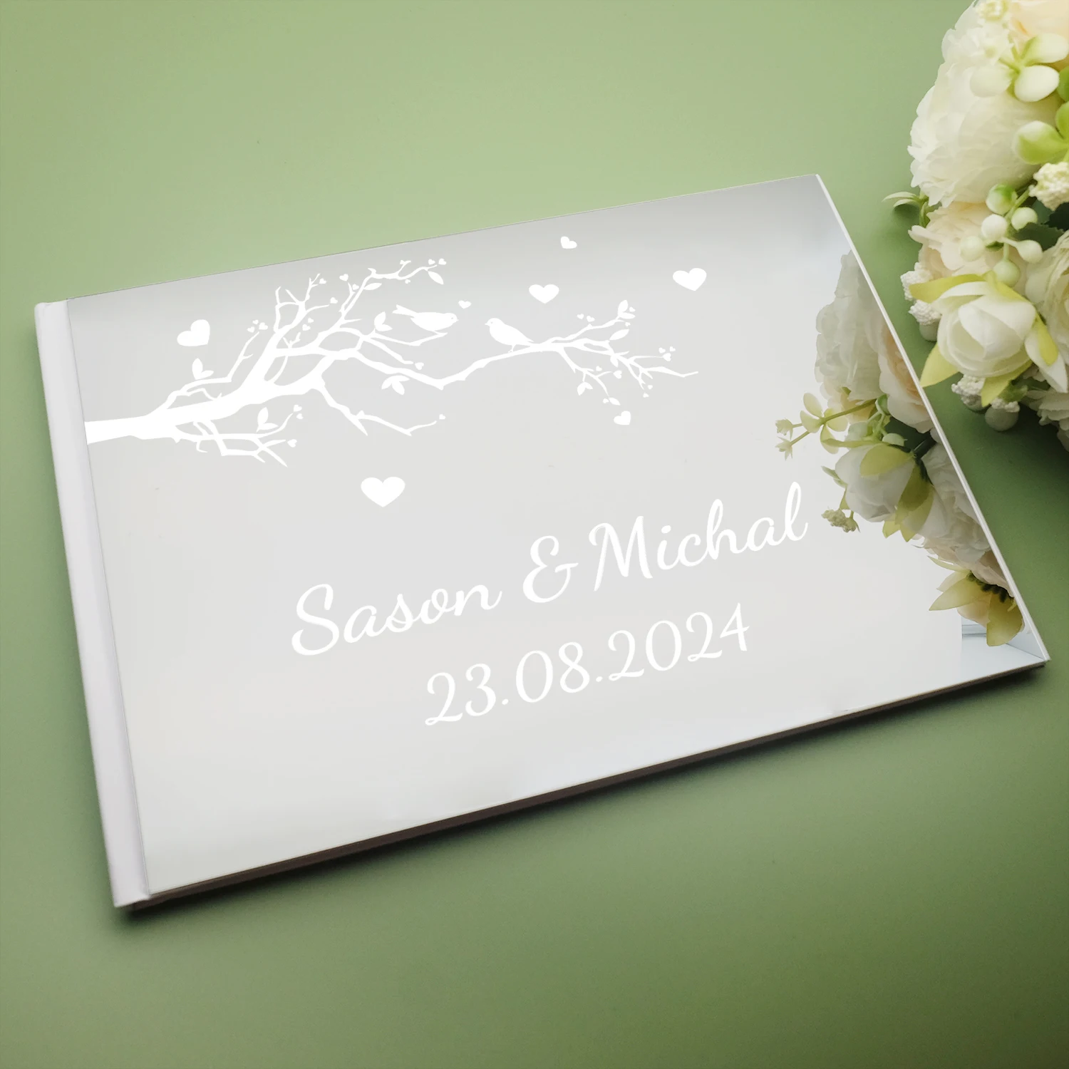 Acrylic Mirror Book Horizontal Sweet Wedding Personalized Acrylic Mirror Cover Heart Signature Guestbook Custom Check in Book