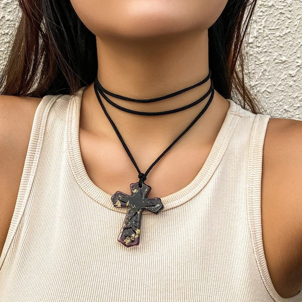 145CM Adjustable Long Rope Chain With Large Cross Jesus Pendant Necklace Vintage Gothic Bowknot Choker Halloween Party Jewelry