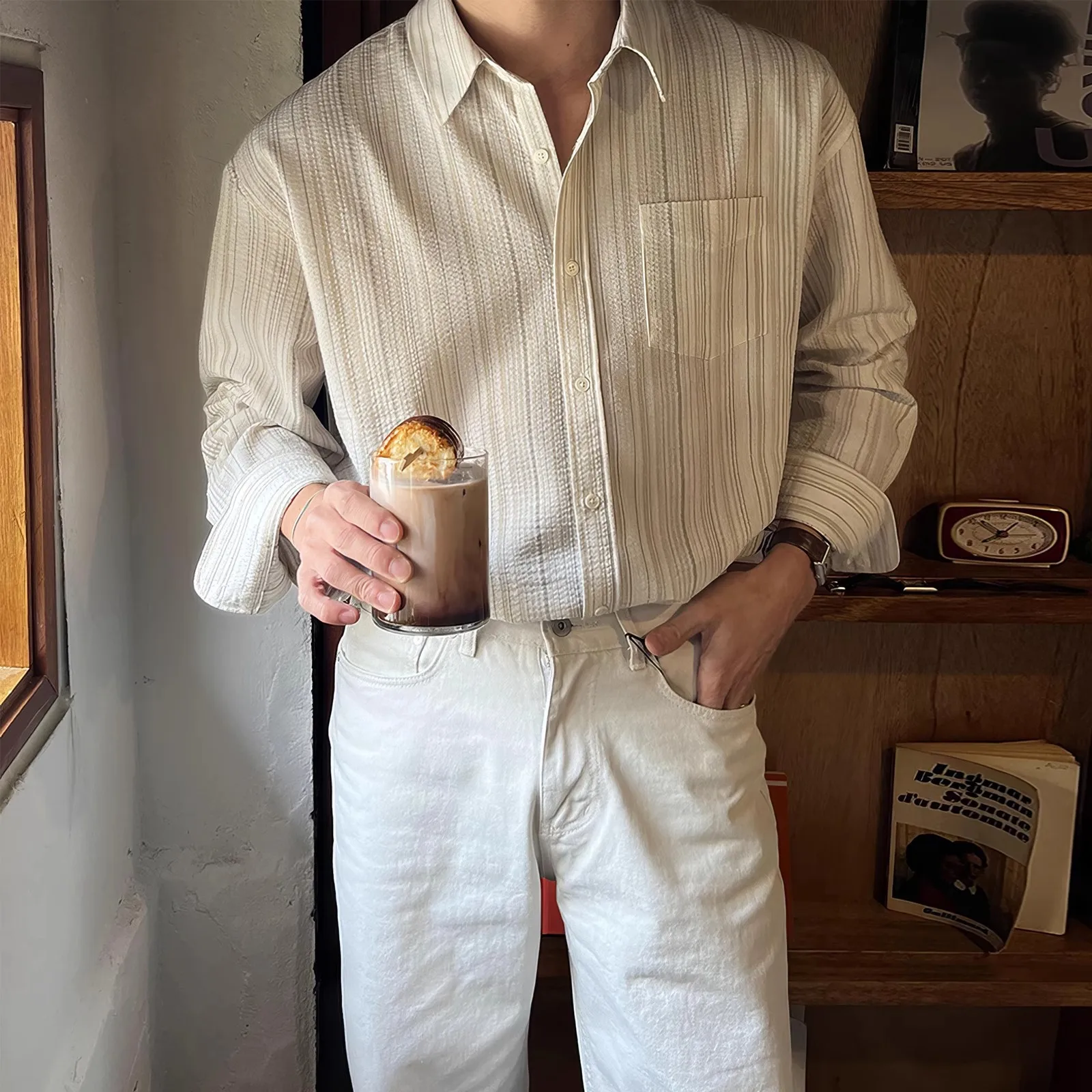

Stripe Long Sleeve Shirt Men Early Autumn High Quality Texture Casual Wrinkle Free Drape
