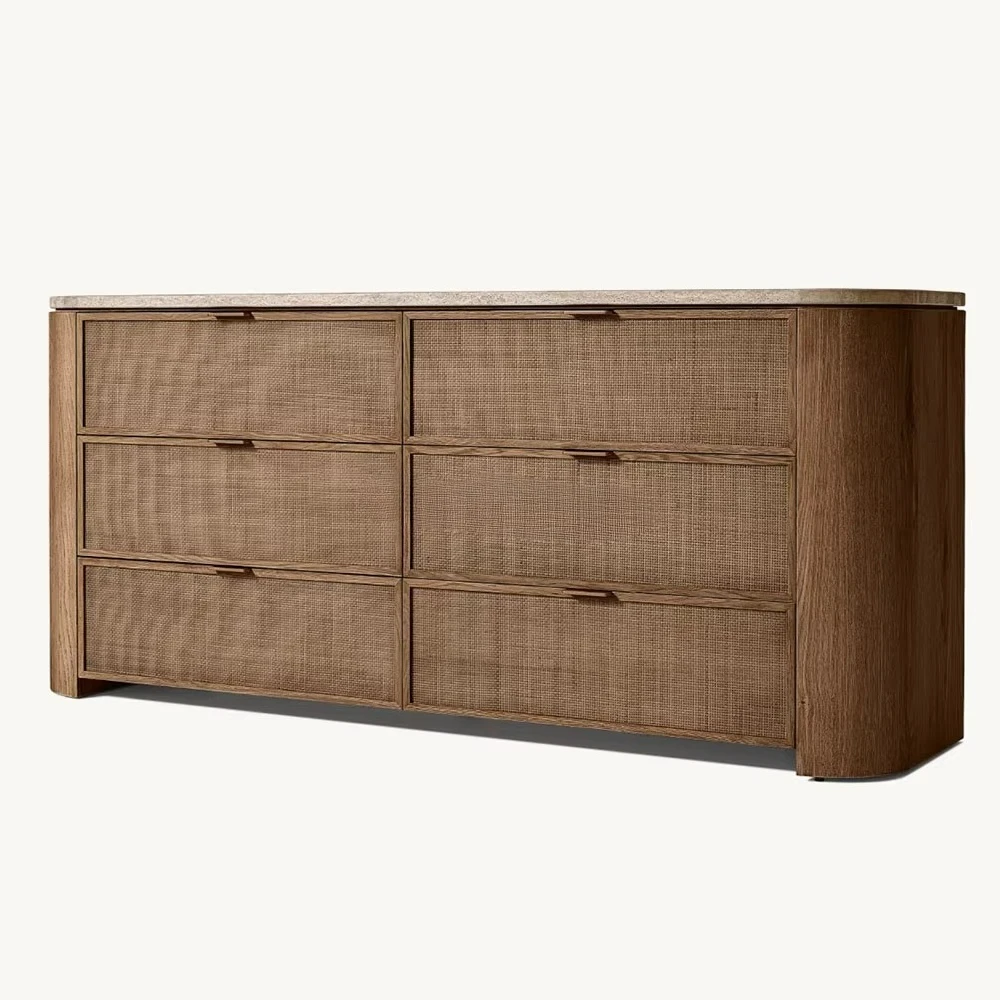 Luxury 6-Drawer Solid Oak Wood Dresser Modern Travertine Top Woven Cane Panels Bedroom Furniture