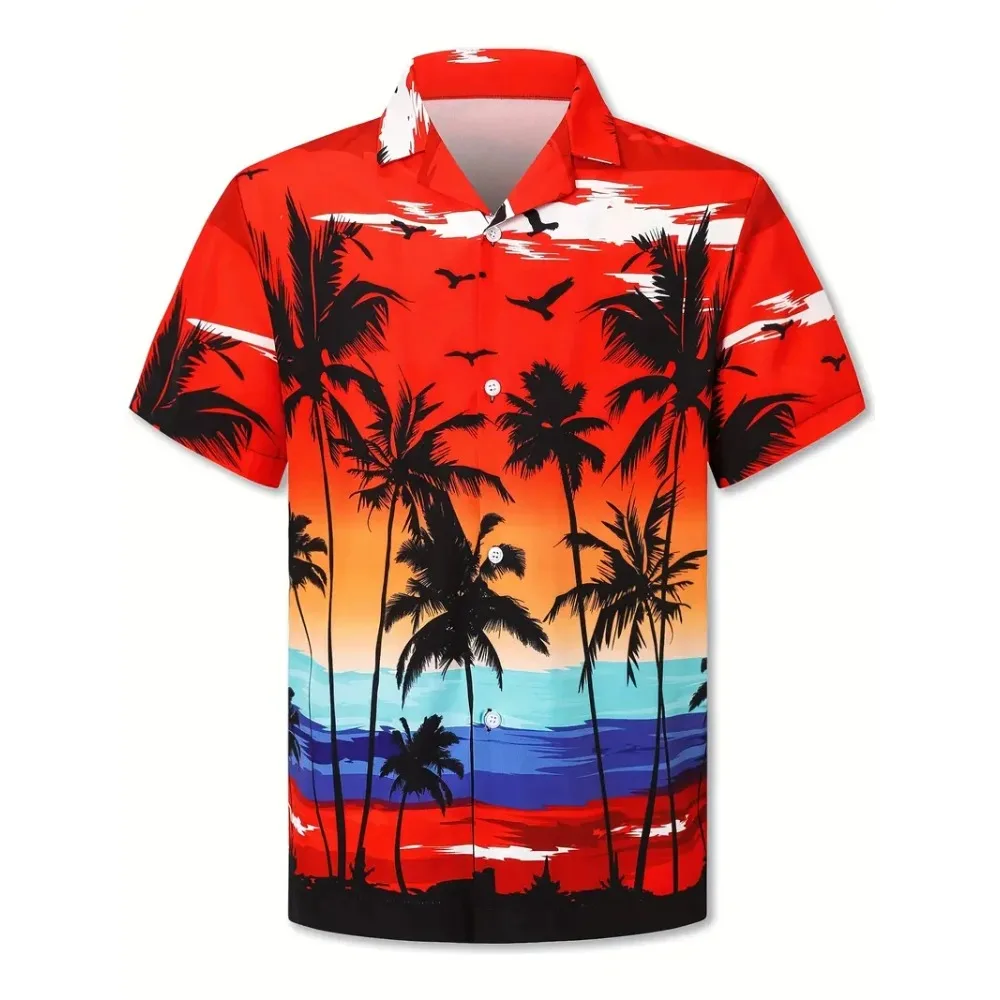 

2024 Men's T Shirt Summer Hawaiian Sunset Beach Element Print Button-Down Shirt Men's Fashion Comfortable Button-Down Tops