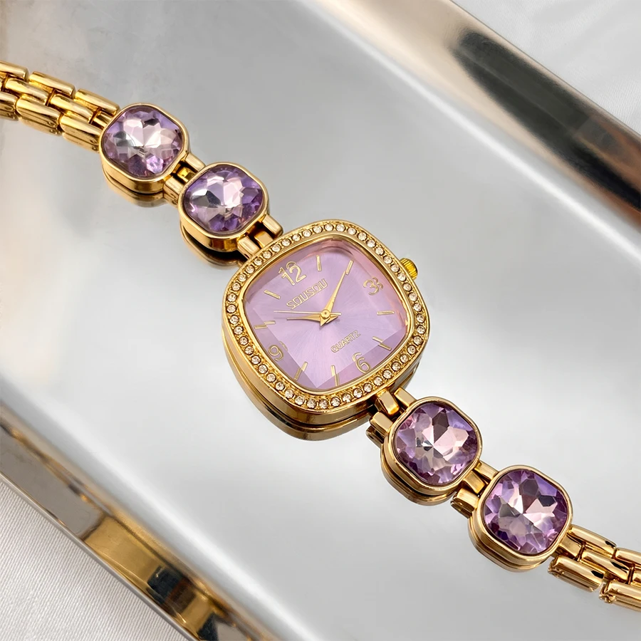 ‌Fashion Watch for Women: Square Diamond-Set Face Colorful Crystal Band Vintage Elegance Statement Piece view 5