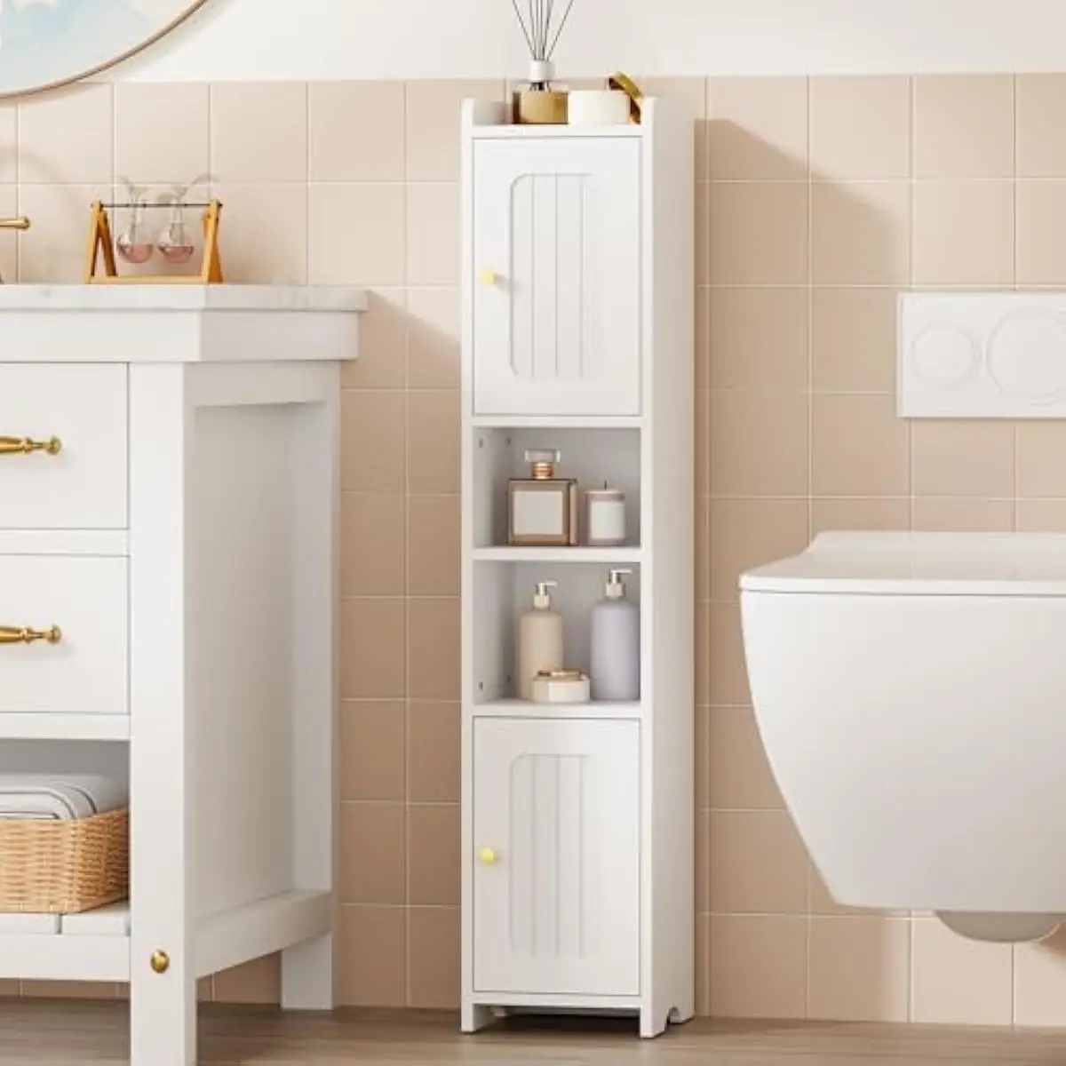 Slim Corner Bathroom Cabinet with Dual Doors Open Center and 1 Adjustable Shelf for Compact Spaces White Engineered Wood 7.9 x 7