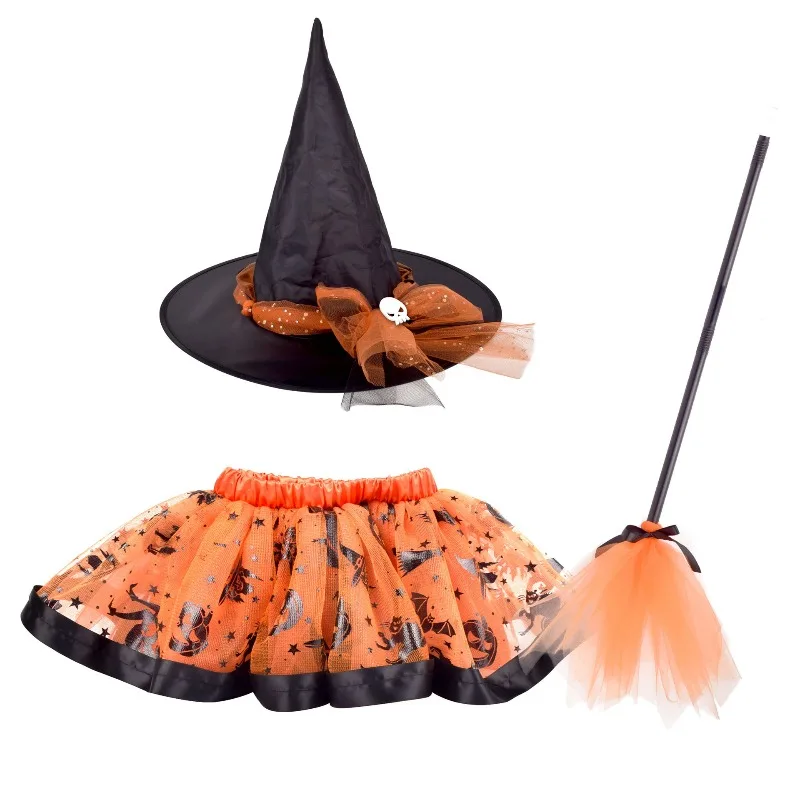Halloween Printed Black Mesh Tutu Skirt 3Pcs Set Fluffy Bottoms With Witch Hat & Broom Carnival Stage Photo Festive Party Outfit