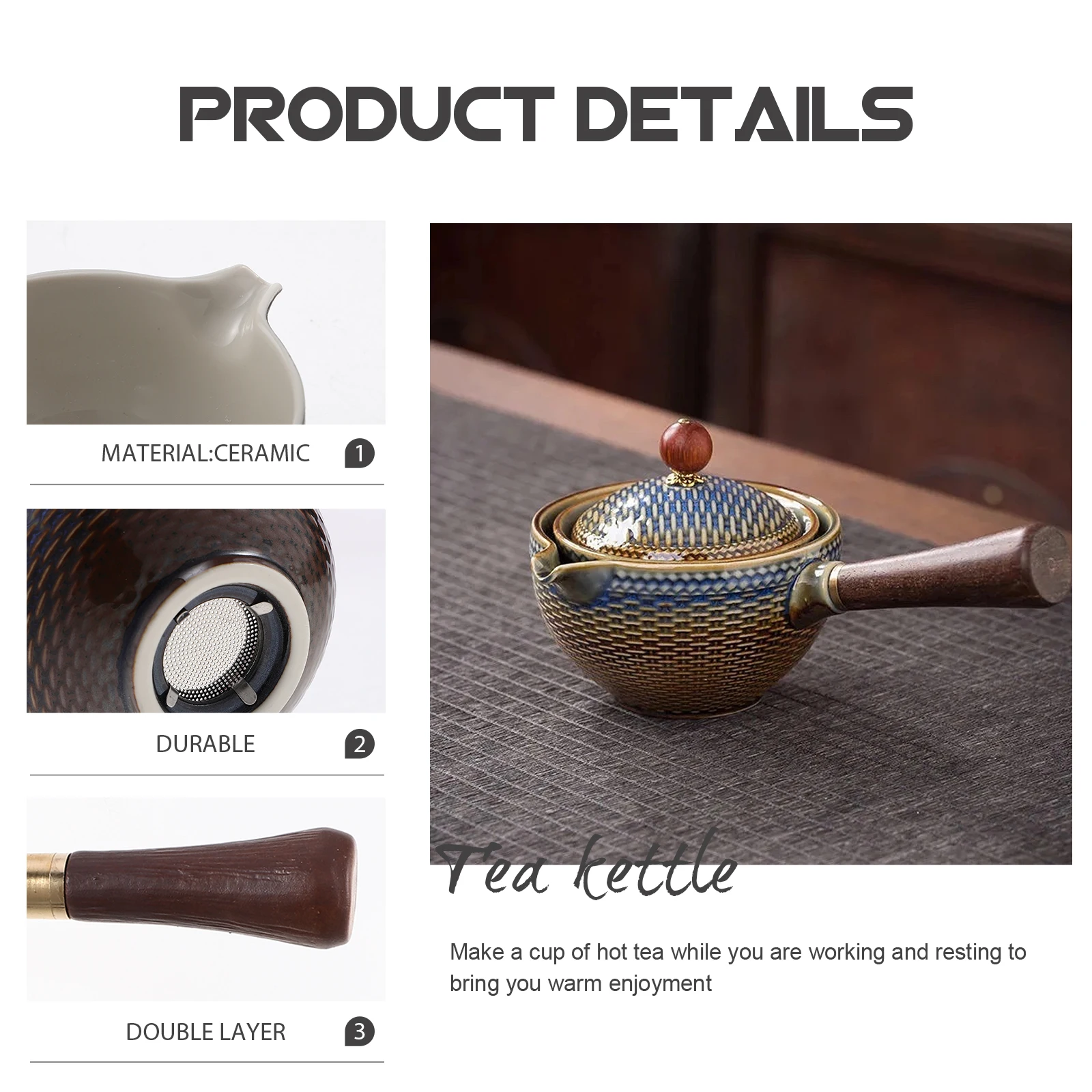 

Ceramic Side Handle Teapot 360 Degree Rotation Practical Decorative Office Wooden Color Chinese Dispenser Household Kettle Loose