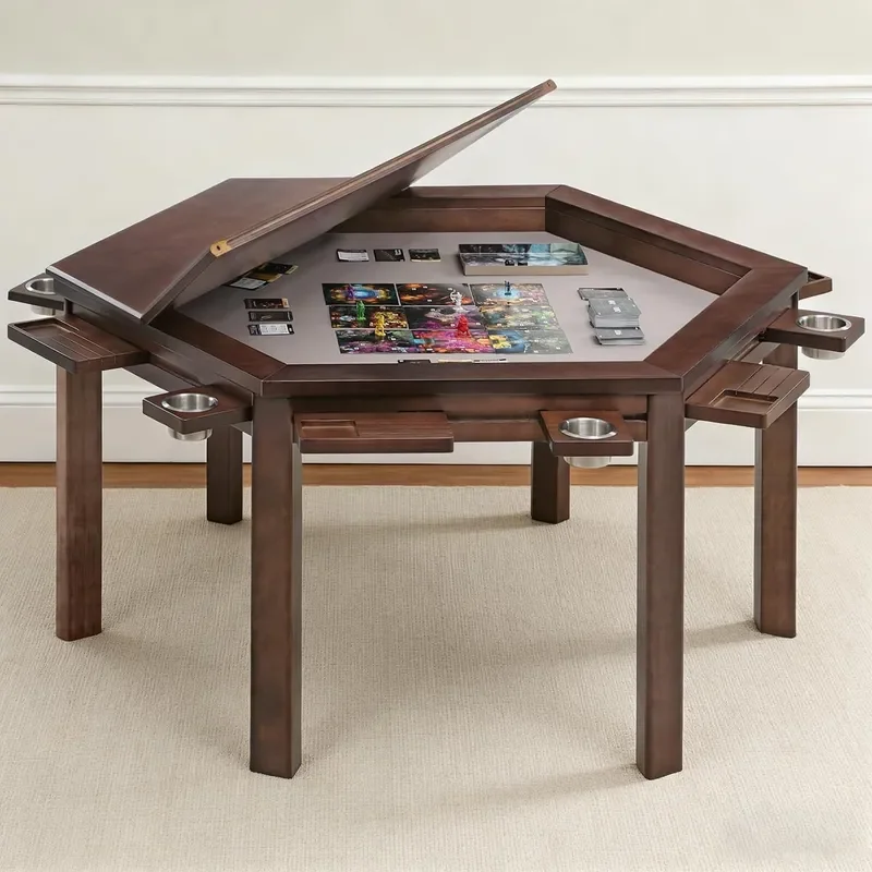 Solid Wood Board Game Table Hexagonal 4 to 6 Player Gaming Dining Table with Removable Table Top Includes Game Mat 6 Cup